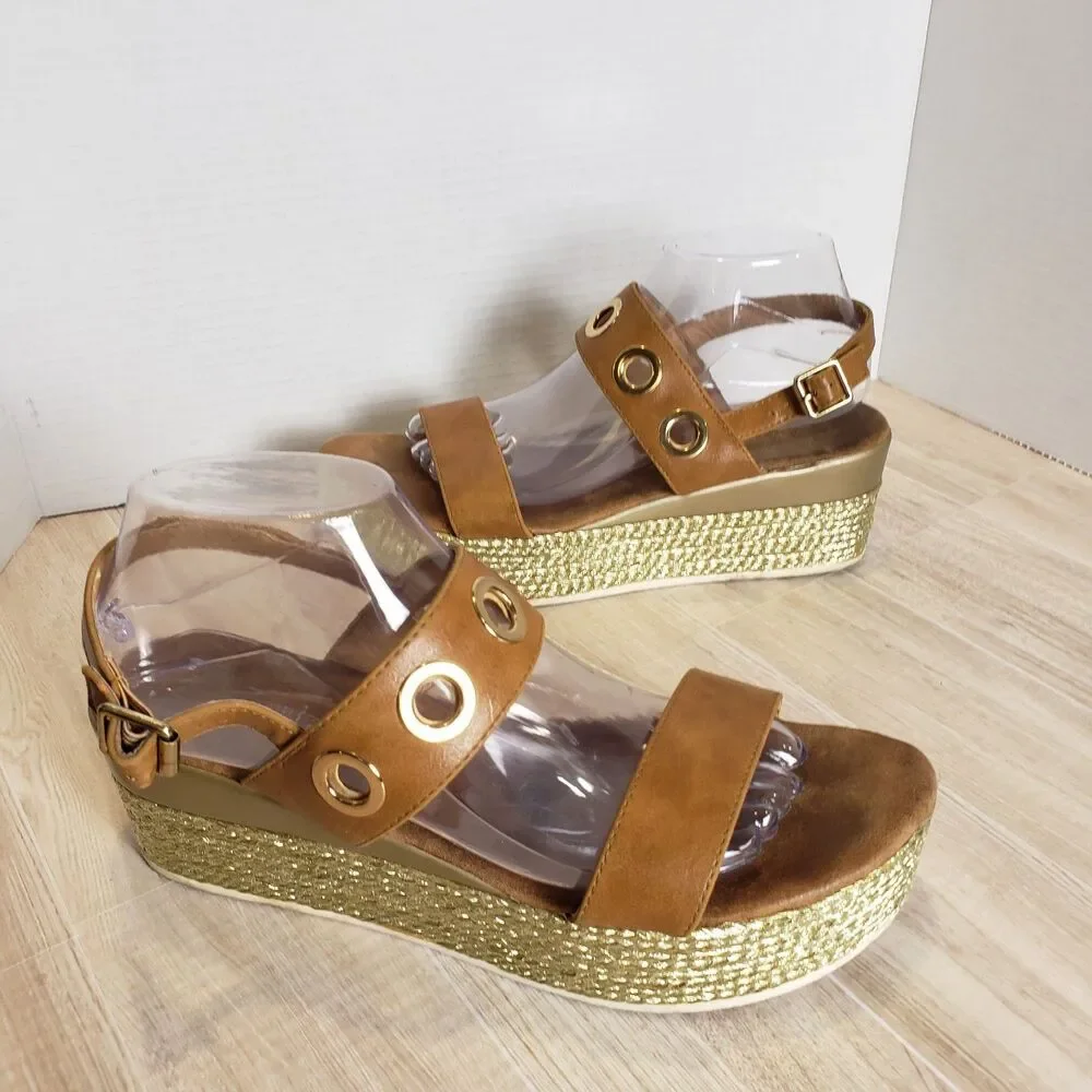 Patrizia Spring Step Metallic Buckle Accent Platform Espadrille Sandals US 10.5